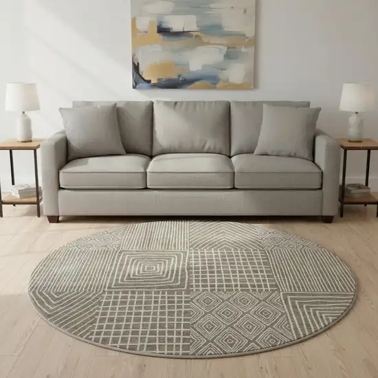 8' Brown And Beige Geometric Washable Round Rug With UV Protection Photo 2