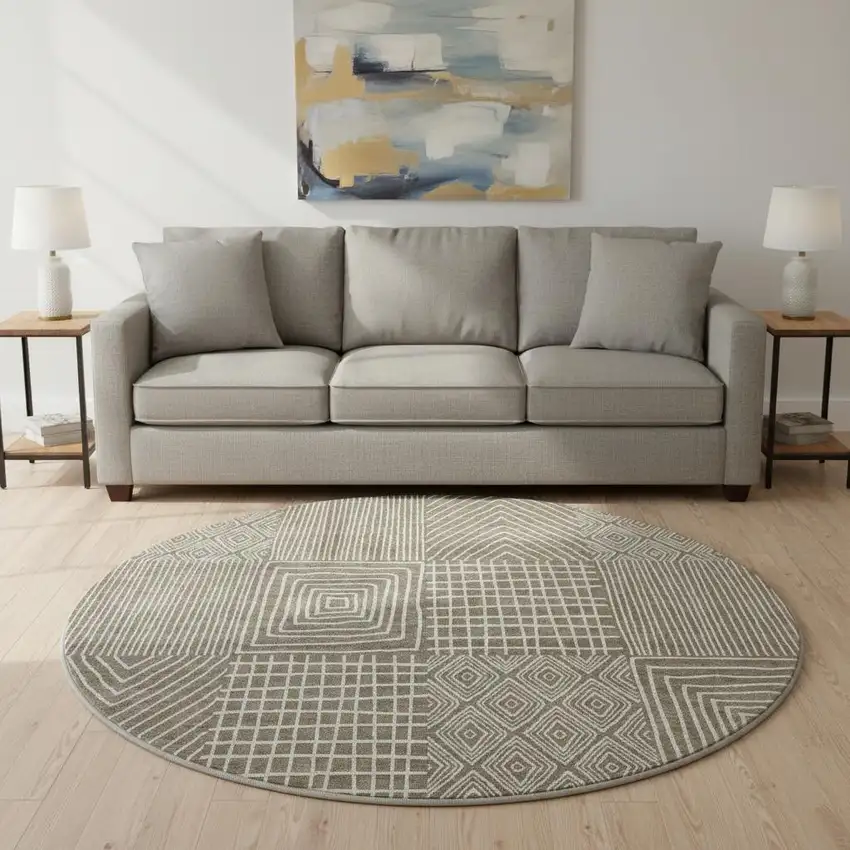 8' Brown And Beige Geometric Washable Round Rug With UV Protection Photo 2