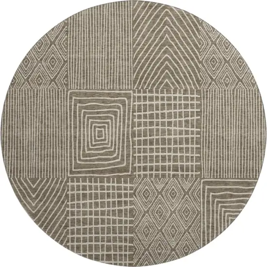 8' Brown And Beige Geometric Washable Round Rug With UV Protection Photo 1