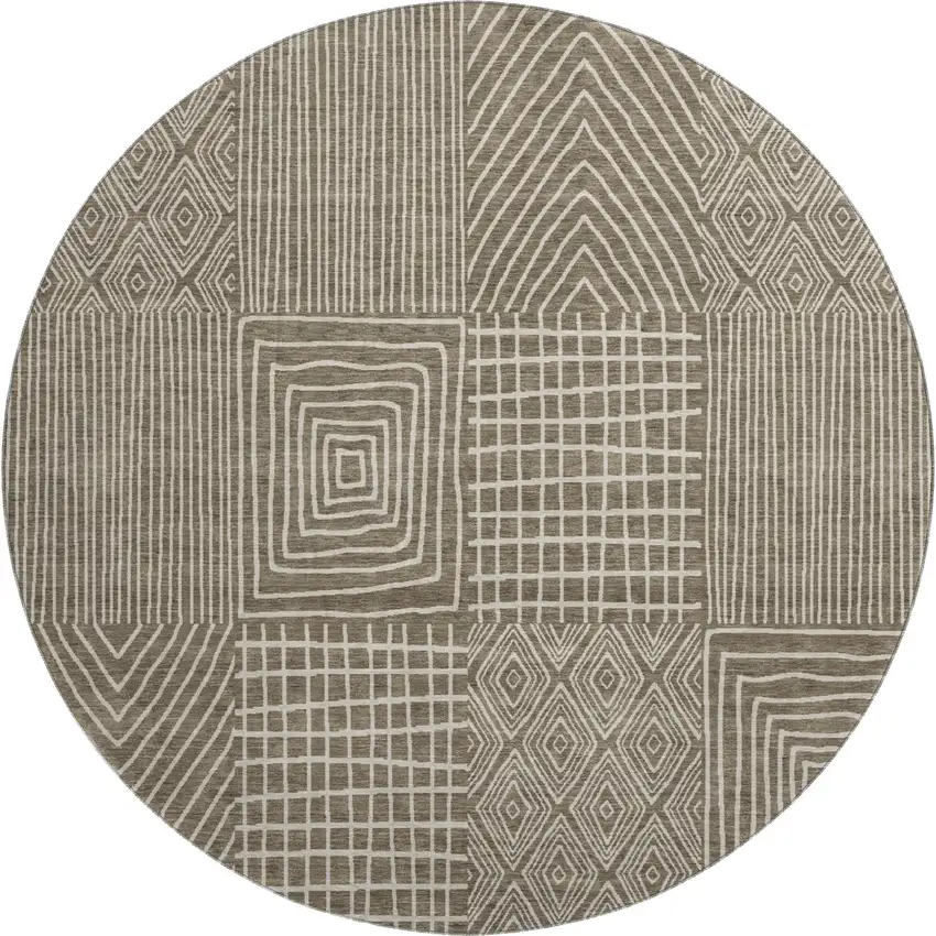 8' Brown And Beige Geometric Washable Round Rug With UV Protection Photo 1