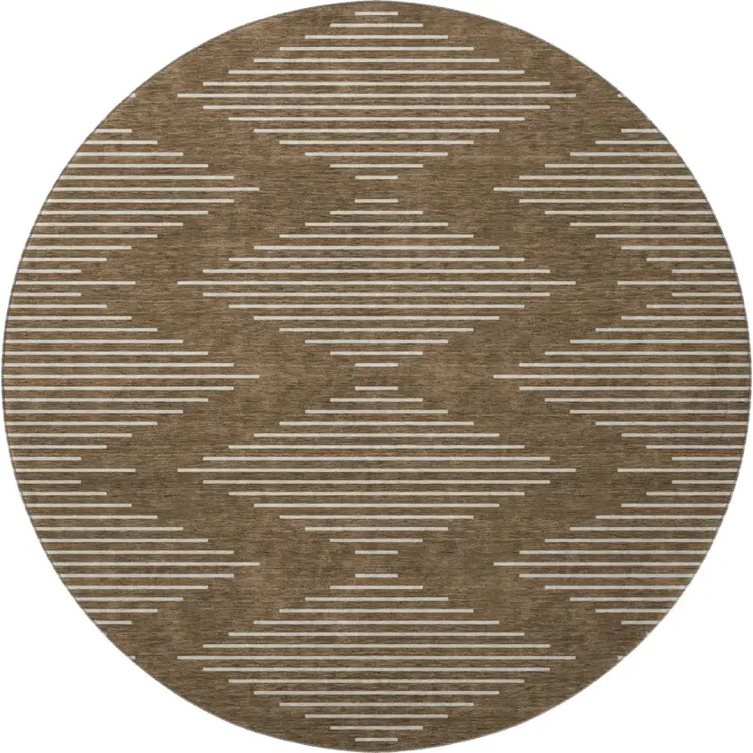 8' Brown And Beige Geometric Washable Round Rug With UV Protection Photo 3