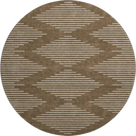 8' Brown And Beige Geometric Washable Round Rug With UV Protection Photo 1