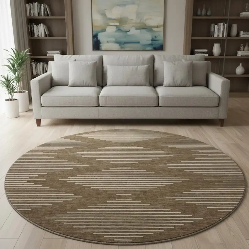 8' Brown And Beige Geometric Washable Round Rug With UV Protection Photo 2