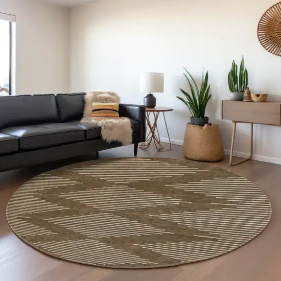 8' Brown And Beige Geometric Washable Round Rug With UV Protection Photo 3