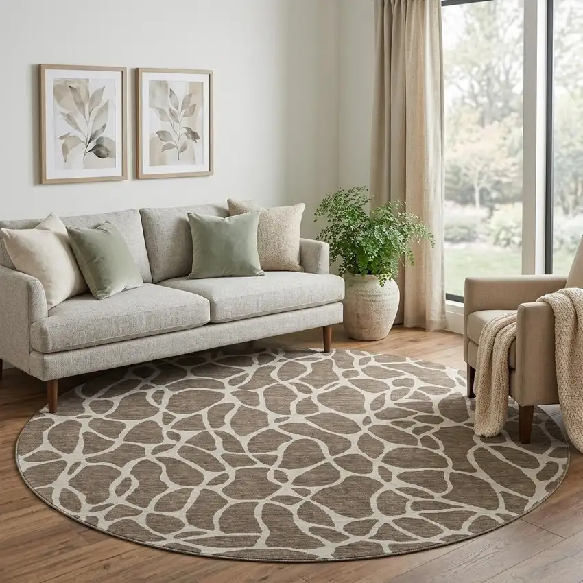 8' Brown And Beige Geometric Washable Round Rug With UV Protection Photo 1