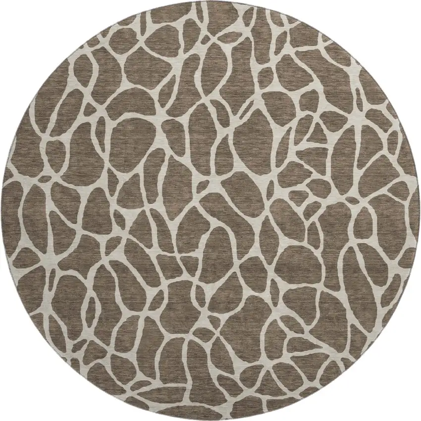 8' Brown And Beige Geometric Washable Round Rug With UV Protection Photo 1
