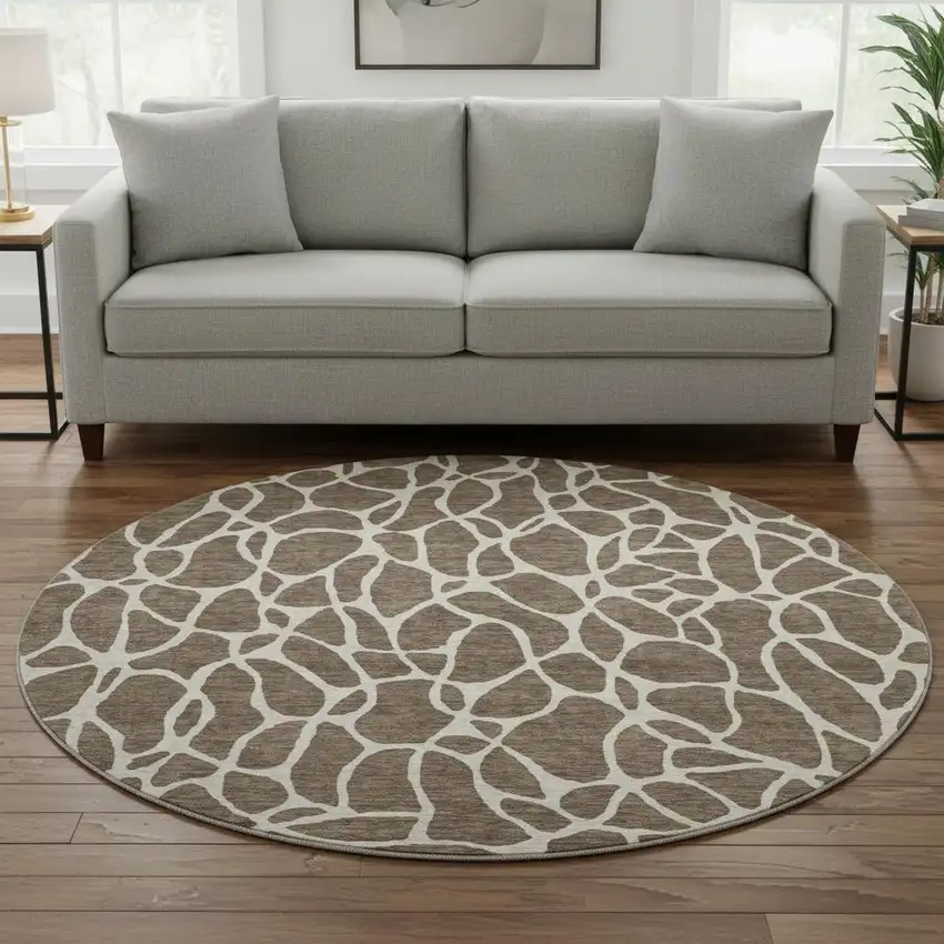 8' Brown And Beige Geometric Washable Round Rug With UV Protection Photo 2