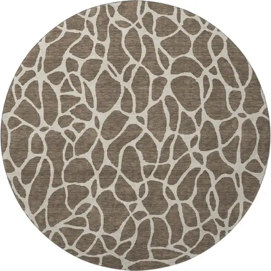 8' Brown And Beige Geometric Washable Round Rug With UV Protection Photo 3