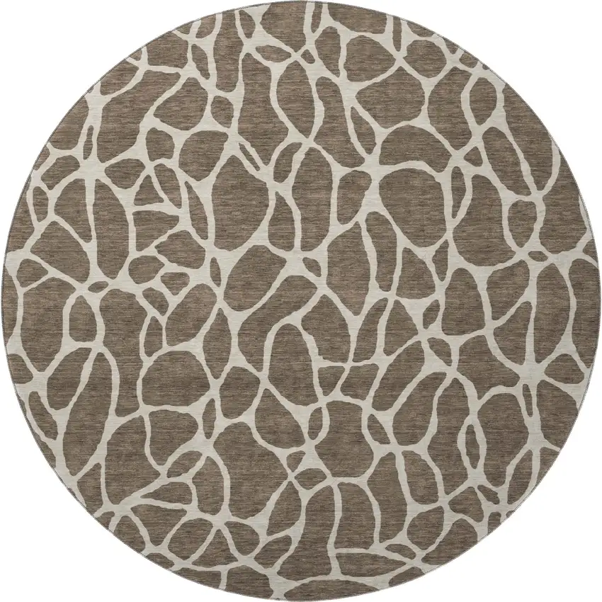 8' Brown And Beige Geometric Washable Round Rug With UV Protection Photo 3