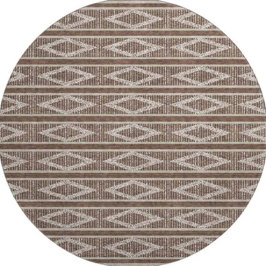 8' Brown And Beige Geometric Washable Round Rug With UV Protection Photo 3