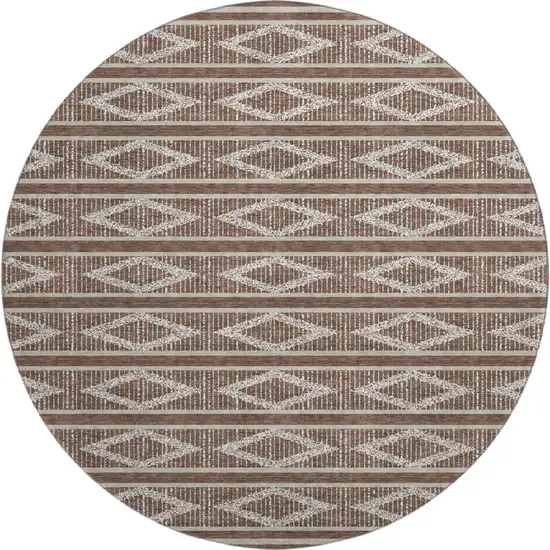8' Brown And Beige Geometric Washable Round Rug With UV Protection Photo 1