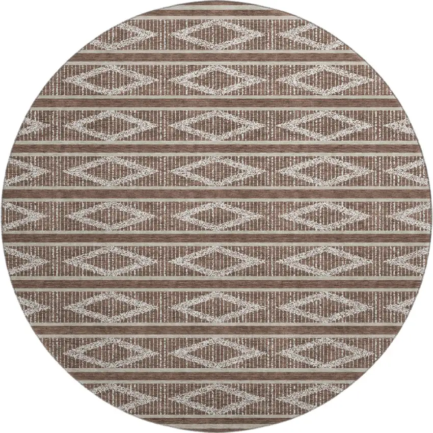 8' Brown And Beige Geometric Washable Round Rug With UV Protection Photo 1