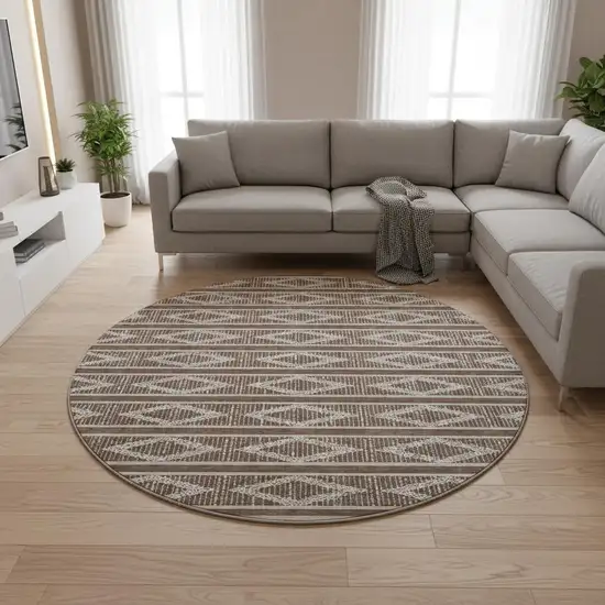 8' Brown And Beige Geometric Washable Round Rug With UV Protection Photo 2