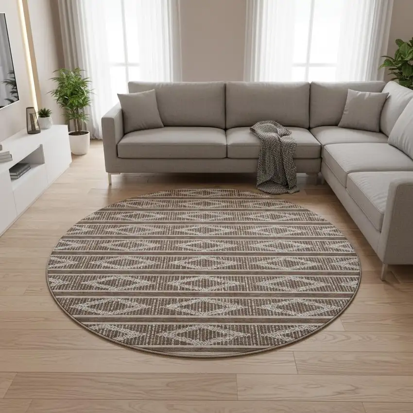 8' Brown And Beige Geometric Washable Round Rug With UV Protection Photo 2