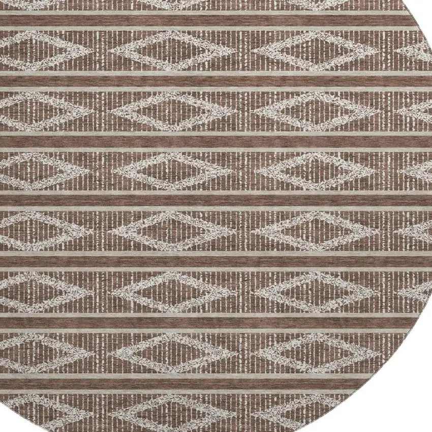 8' Brown And Beige Geometric Washable Round Rug With UV Protection Photo 2