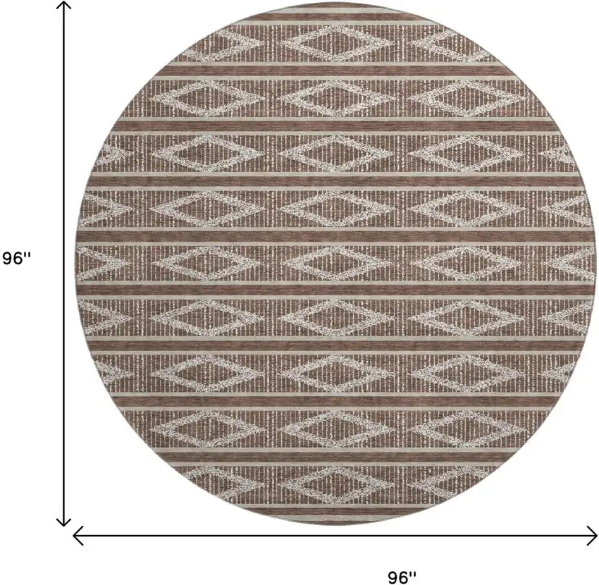 8' Brown And Beige Geometric Washable Round Rug With UV Protection Photo 9