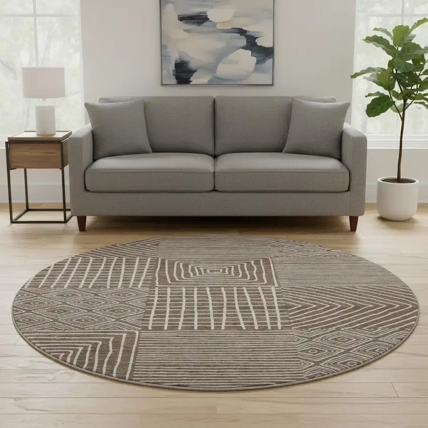 8' Brown And Beige Geometric Washable Round Rug With UV Protection Photo 2