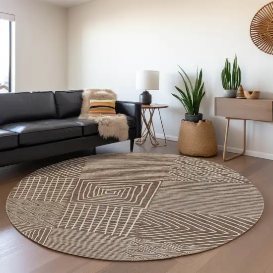 8' Brown And Beige Geometric Washable Round Rug With UV Protection Photo 4