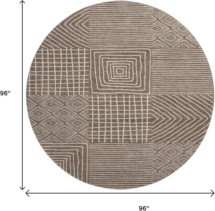 8' Brown And Beige Geometric Washable Round Rug With UV Protection Photo 9
