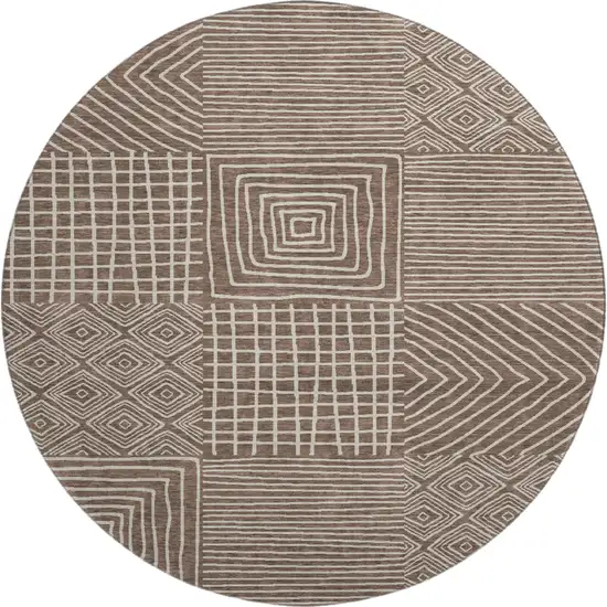 8' Brown And Beige Geometric Washable Round Rug With UV Protection Photo 1