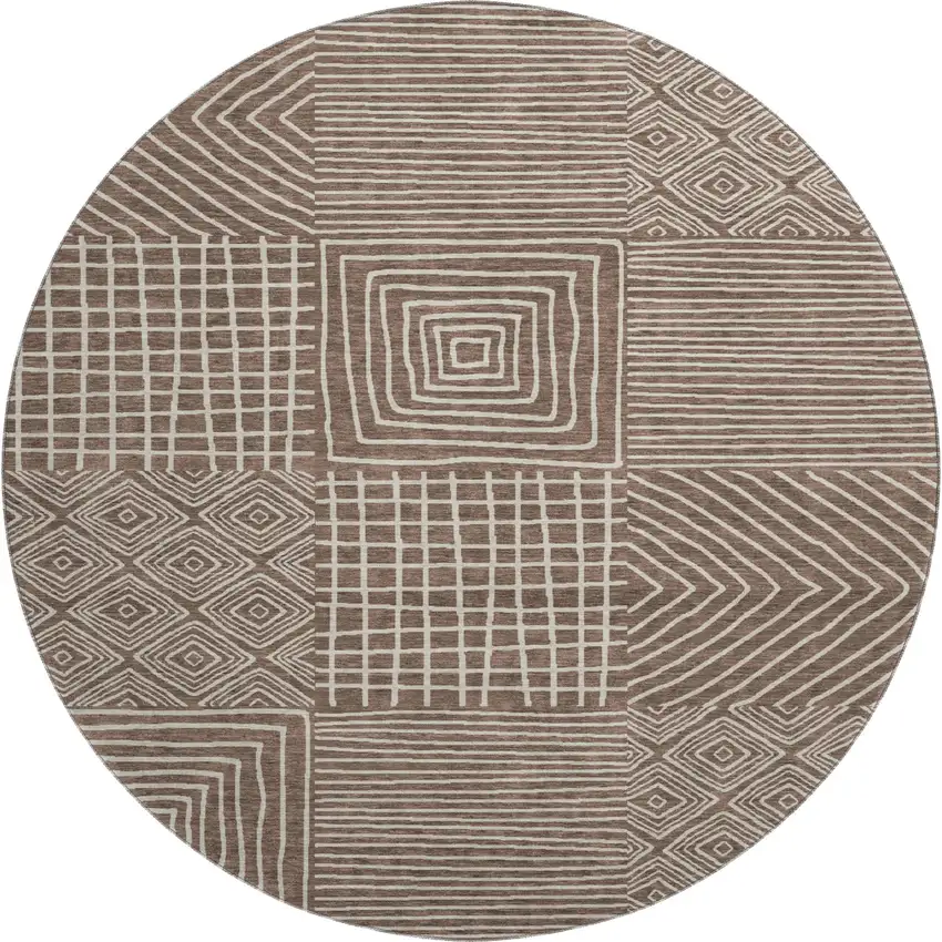 8' Brown And Beige Geometric Washable Round Rug With UV Protection Photo 1