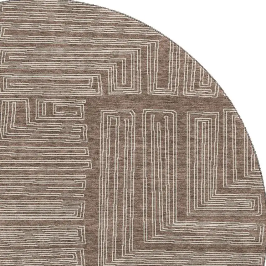 8' Brown And Beige Geometric Washable Round Rug With UV Protection Photo 3