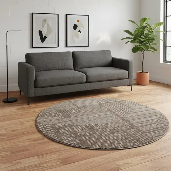 8' Brown And Beige Geometric Washable Round Rug With UV Protection Photo 2