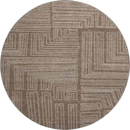 8' Brown And Beige Geometric Washable Round Rug With UV Protection Photo 1