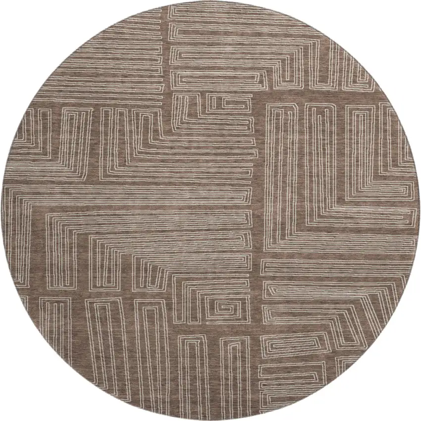 8' Brown And Beige Geometric Washable Round Rug With UV Protection Photo 1