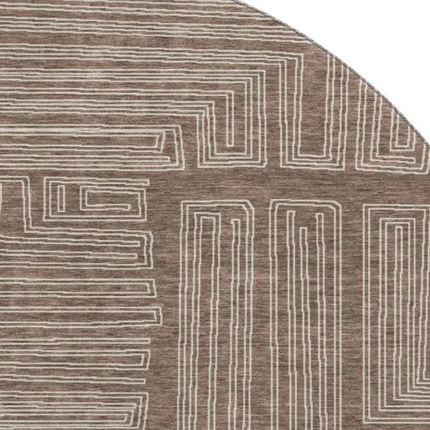 8' Brown And Beige Geometric Washable Round Rug With UV Protection Photo 2