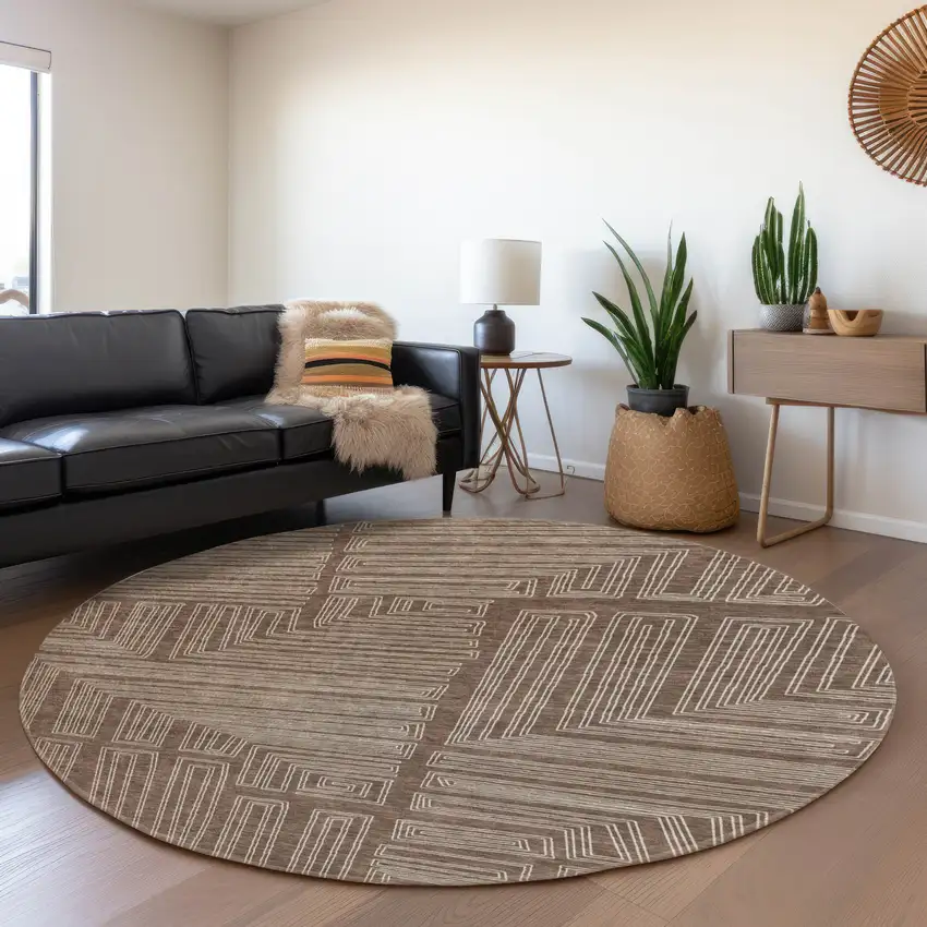 8' Brown And Beige Geometric Washable Round Rug With UV Protection Photo 4
