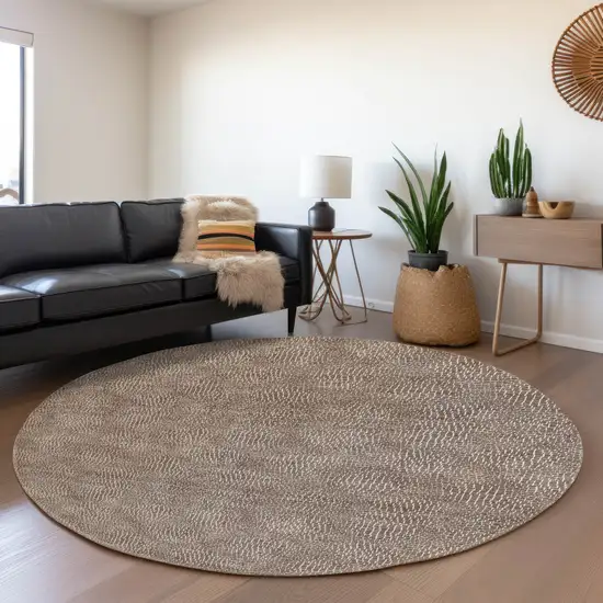 8' Brown And Beige Geometric Washable Round Rug With UV Protection Photo 4