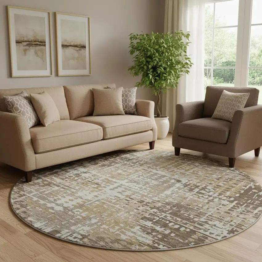 8' Brown And Beige Geometric Washable Round Rug With UV Protection Photo 2