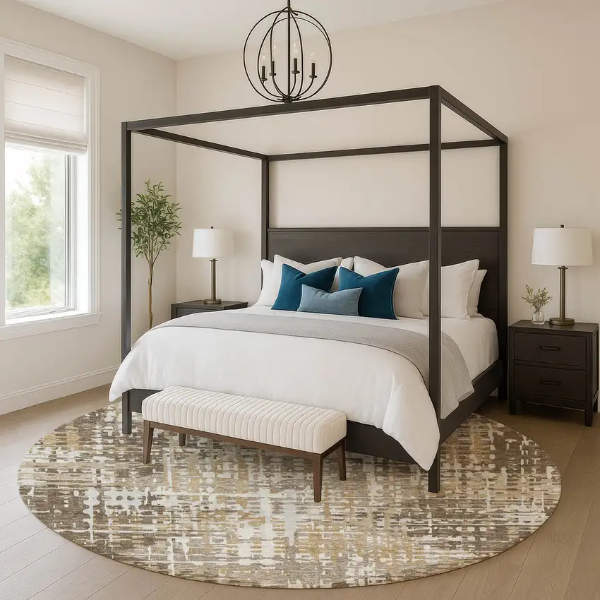 8' Brown And Beige Geometric Washable Round Rug With UV Protection Photo 5