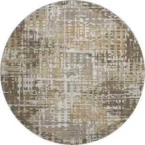 Photo of 8' Brown And Beige Geometric Washable Round Rug With UV Protection