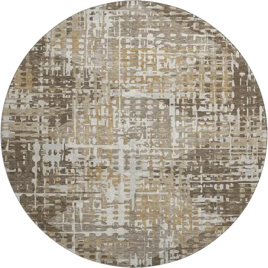 8' Brown And Beige Geometric Washable Round Rug With UV Protection Photo 1