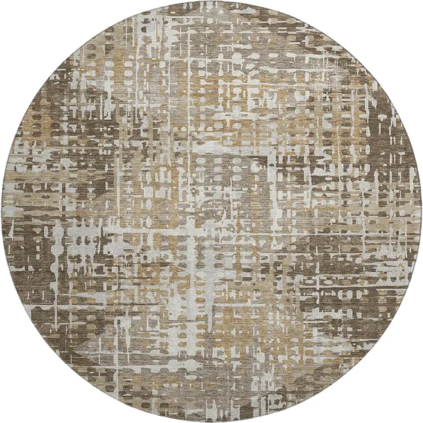 8' Brown And Beige Geometric Washable Round Rug With UV Protection Photo 1