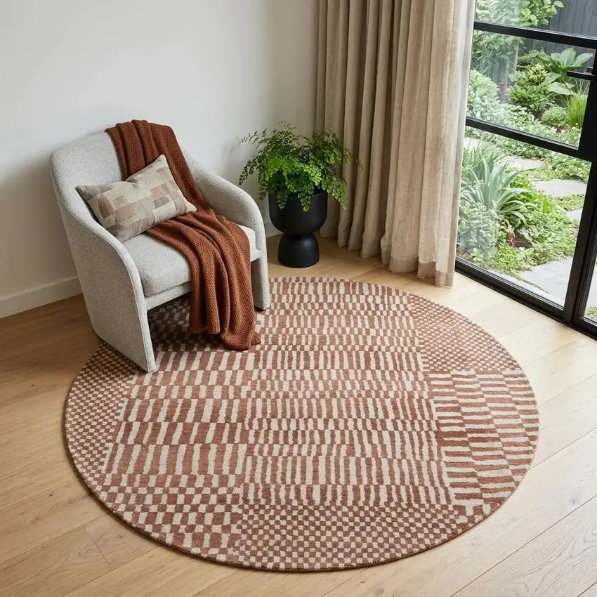 5' Brown And Beige Geometric Washable Round Rug With UV Protection Photo 1