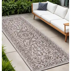 Photo of 8' Brown And Beige Medallion Indoor Outdoor Runner Rug
