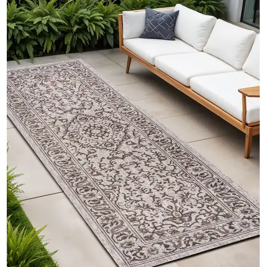 8' Brown And Beige Medallion Indoor Outdoor Runner Rug Photo 1