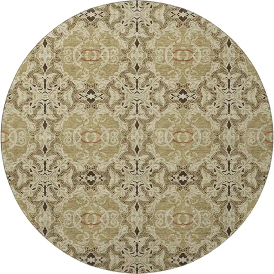 8' Brown And Beige Medallion Washable Round Rug With UV Protection Photo 3