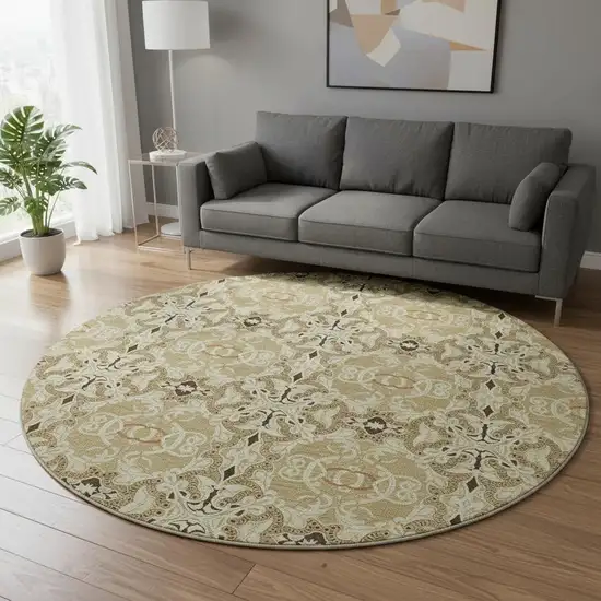 8' Brown And Beige Medallion Washable Round Rug With UV Protection Photo 2