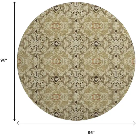 8' Brown And Beige Medallion Washable Round Rug With UV Protection Photo 9
