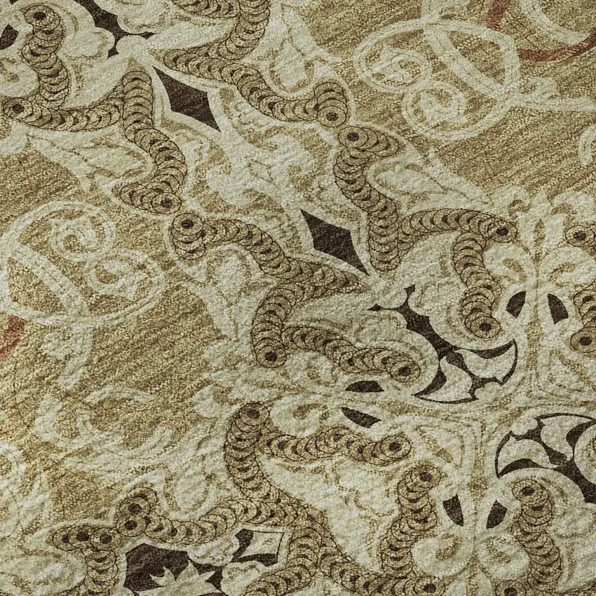 8' Brown And Beige Medallion Washable Round Rug With UV Protection Photo 8