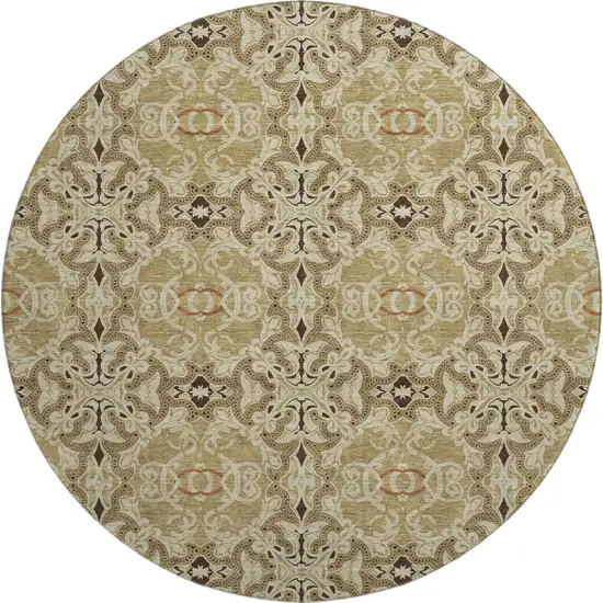 8' Brown And Beige Medallion Washable Round Rug With UV Protection Photo 1