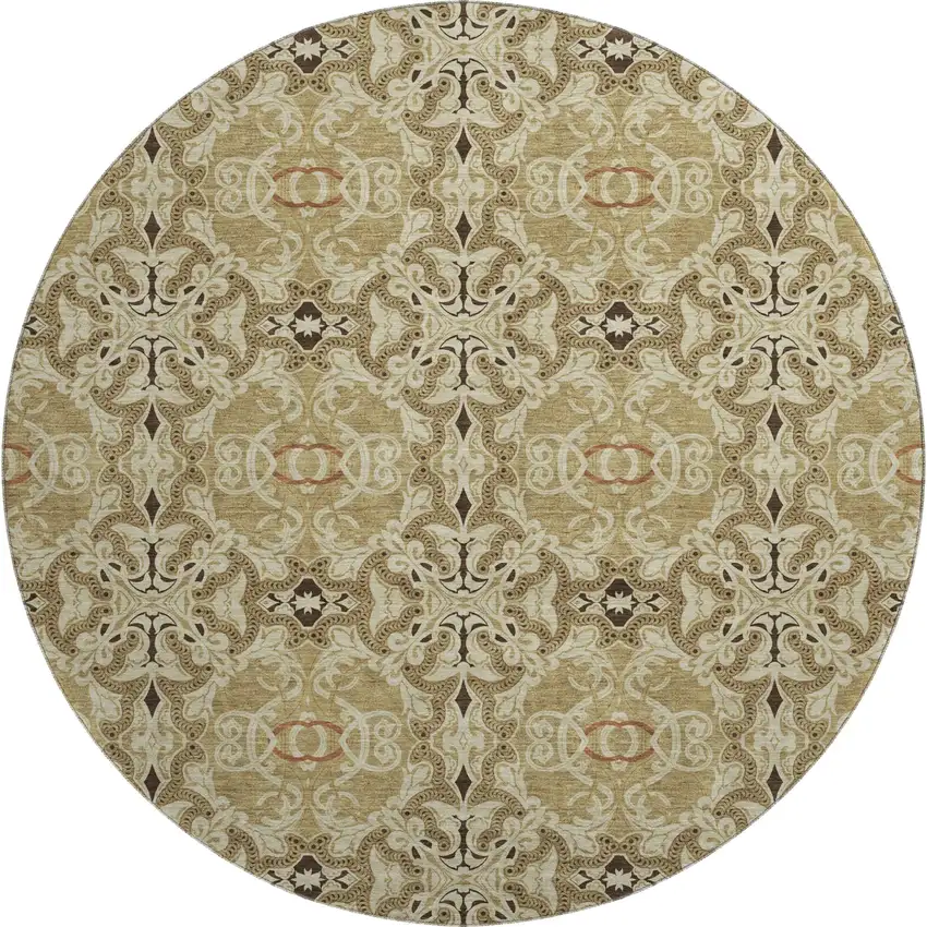 8' Brown And Beige Medallion Washable Round Rug With UV Protection Photo 1