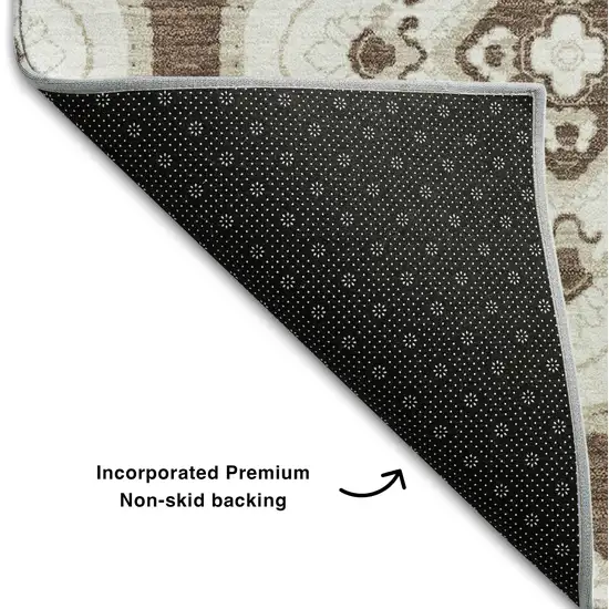 8' Brown And Beige Medallion Washable Round Rug With UV Protection Photo 6