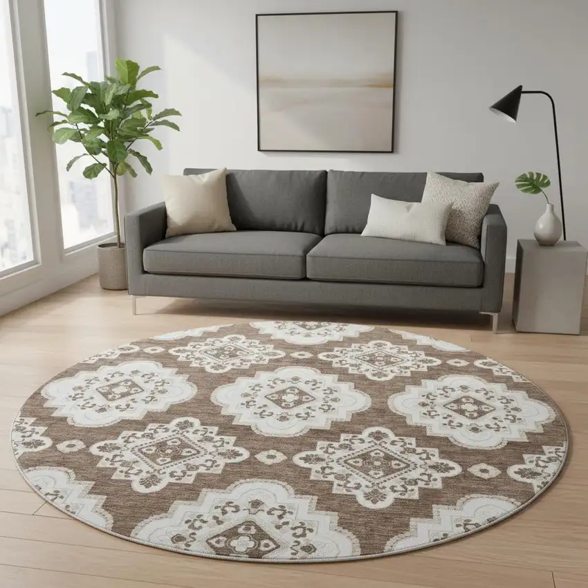 8' Brown And Beige Medallion Washable Round Rug With UV Protection Photo 2