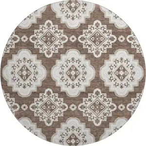 Photo of 8' Brown And Beige Medallion Washable Round Rug With UV Protection
