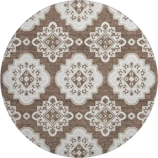 8' Brown And Beige Medallion Washable Round Rug With UV Protection Photo 1